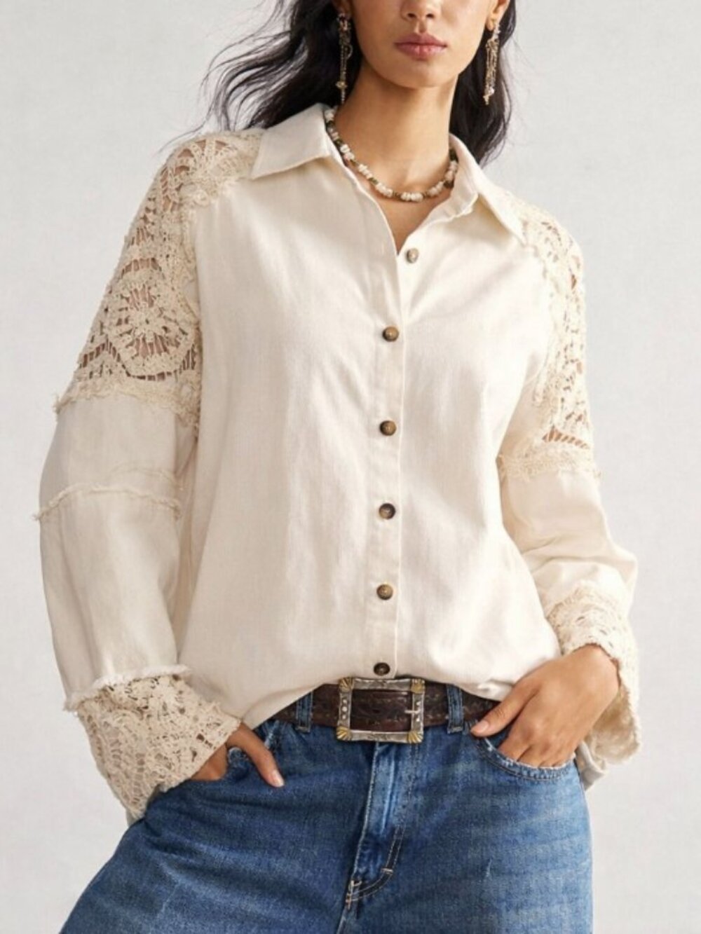 Boho Crochet Patchwork Button-Up Blouse – Chic Ivory Statement Top